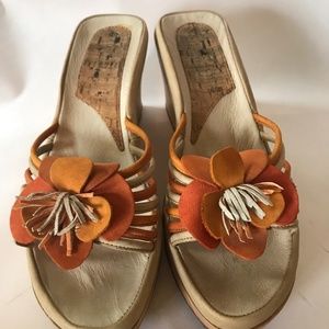 Wooden platform sandals w/ Orange leather flowers